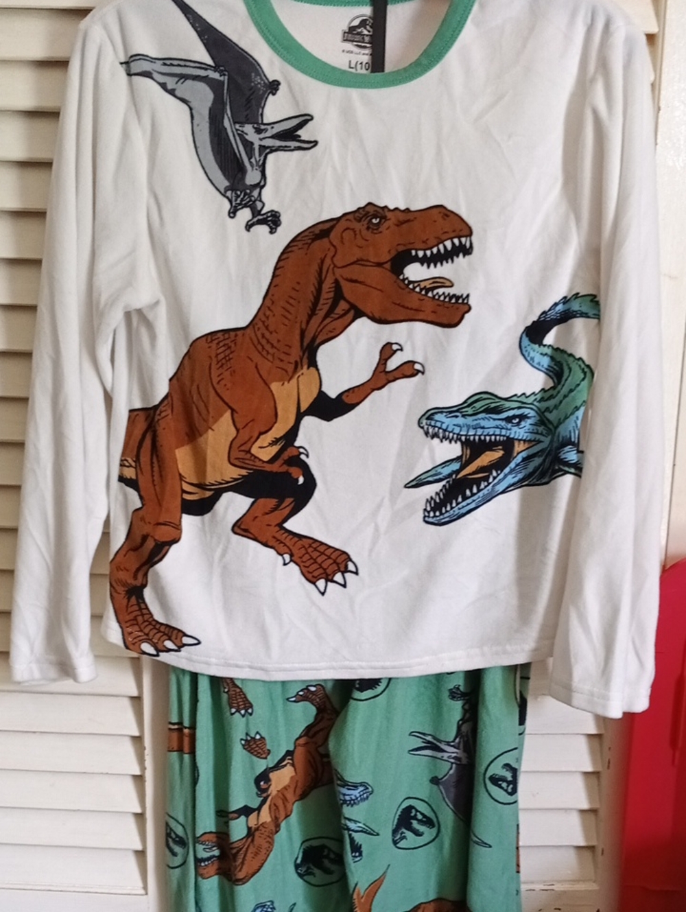 Kids White & Green Dinosaur Pajama Set - Long Sleeve Top & Pants